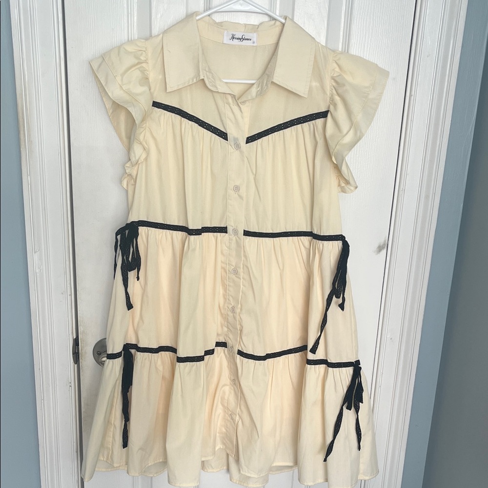 Ivory Tiered Button-Front Dress with Black Trim